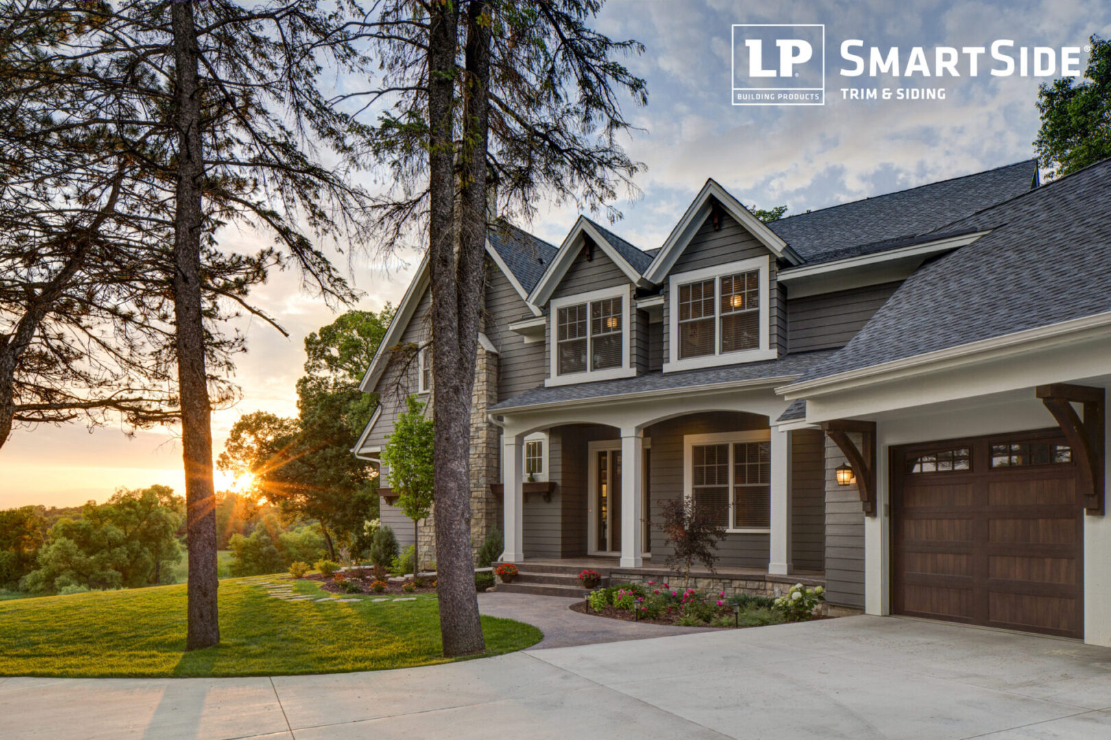 LPSmartSide5-scaled LP_Assets_HighRes High res - grey house with white trim, large fir trees, sunset - DOWNLOAD OR SHARE
